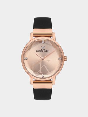 Daniel Klein Rose Plated Rose Tone Dial Black Leather Watch