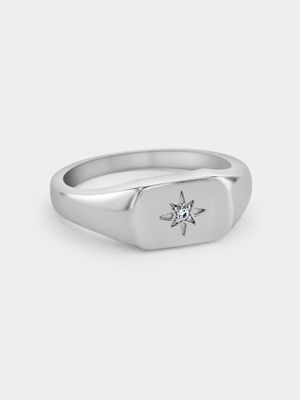 Sterling Silver Cubic Zirconia Men's Star Signet Ring