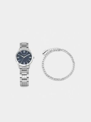 Tempo Silver Plated Navy Dial Bracelet Watch & Bracelet Set