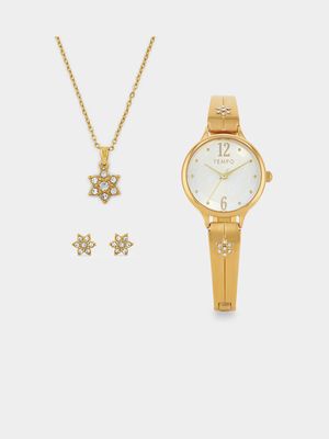 Tempo Gold Plated Bangle Watch, Flower Pendant & Stud Earrings Gift Set