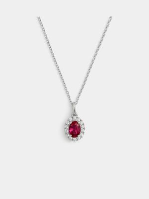 Sterling Silver Diamond & Created Ruby Oval Halo Pendant