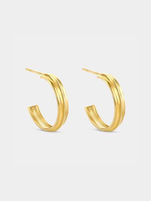Yellow Gold, 4mm Ridged Open End Hoop Earrings