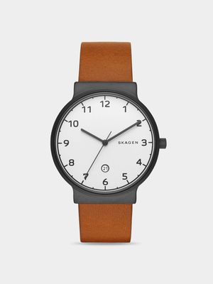 Skagen Men's Ancher Black Plated Stainless & Brown Leather Watch