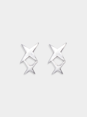 Sterling Silver Double Star Stud Earrings