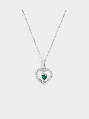 Sterling Silver Emerald Green Cubic Zirconia May Birthstone Kid’s Heart Pendant