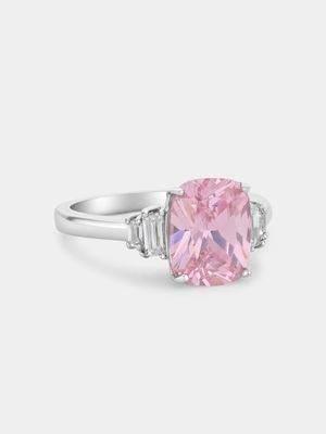 Sterling Silver Pink Cubic Zirconia Cushion Baguette Cocktail Ring