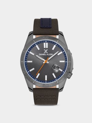 Daniel Klein Gunmetal Plated Brown & Blue Leather Watch