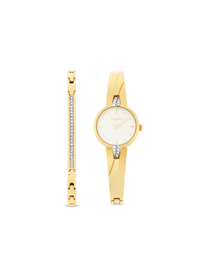 Tempo Ladies Gold Tone Bangle With Crystals Watch Set