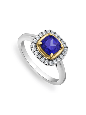Yellow Gold & Sterling Silver Cubic Zirconia Women’s Blue Halo Ring