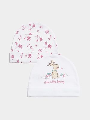 Jet Infant Girls 2 Pack Hello Little Bunny Beanie Hat White