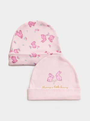 Jet Infant Girls 2 Pack Cotton Mummy's Bunny Pink Beanies