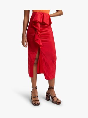 Women's Red Glam Skirt With Ruffle Detail