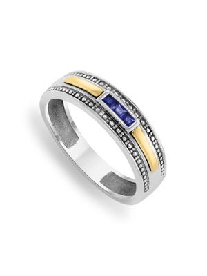 Yellow Gold & Sterling Silver With Created Blue Sapphire Men's Wedding Band