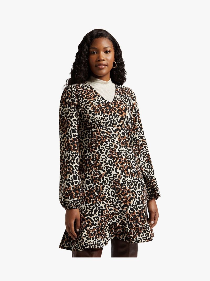 Women s Brown Animal Print Frill Fit Flare Dress Bash