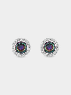 Sterling Silver Mystical Topaz & Cubic Zirconia Round Halo Stud Earrings