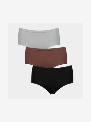 Women's Black, Brown & Grey 3-Pack Seamless Brazilian Underwear