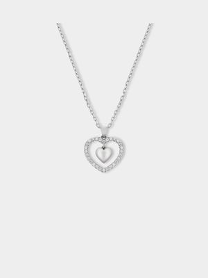 Sterling Silver Cubic Zirconia Kid's Double Heart Pendant Necklace