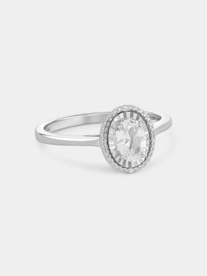 Sterling Silver Diamond & Created White Sapphire Oval Halo Ring