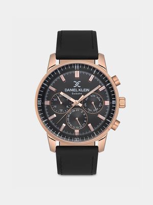Daniel Klein Rose Plated Black Dial Black Leather Chronographic Watch