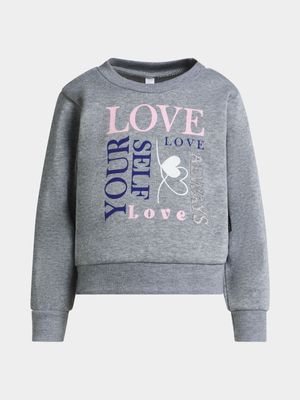 Younger Girl's Grey Melange Graphic Print Sweat Top