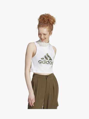 Women's adidas Cropped All Over Print White Tank