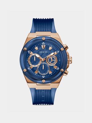 Guess Rose Gold Plated Stainless Steel Blue Silicone Chronograph Watch