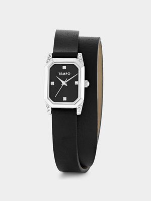 Tempo Silver Plated Black Rectangle Dial Black Leather Wrap Watch