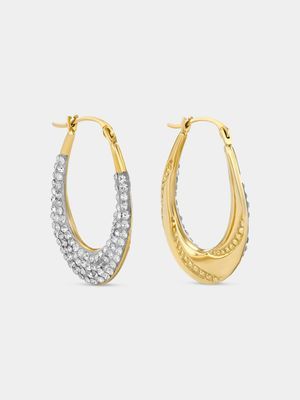 Yellow Gold & Sterling Silver, Crystal Oval Creole Hoop Earrings