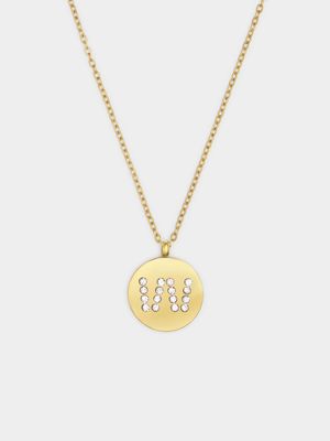 18ct Gold Plated Waterproof Stainless Steel CZ W Initial on Disk Pendant