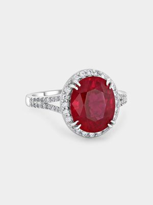 White Gold Lab Grown Ruby & Moissanite Women’s Oval Halo Ring