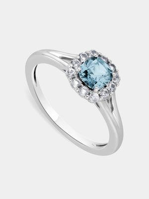 Sterling Silver Diamond & Sky Blue Topaz Cushion Halo Ring
