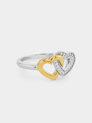 Yellow Gold & Sterling Silver Cubic Zirconia  Women’s Hearts Promise Ring