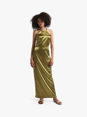 Women's Olive Green Satin Halterneck Maxi Dress
