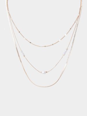 Triple Chain Dainty Pearl Pendant Necklace