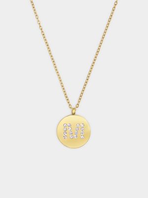 18ct Gold Plated Waterproof Stainless Steel CZ M Initial on Disk Pendant