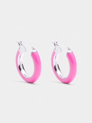 Rhodium Plated & Neon Pink Enamel Brass  Hoop Earrings