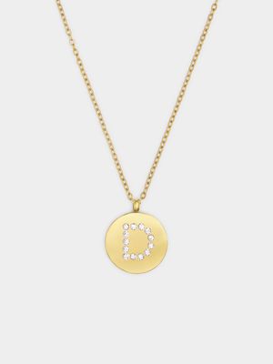 18ct Gold Plated Waterproof Stainless Steel CZ D Initial on Disk Pendant