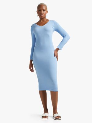 Women's Blue Seamless Scoop Neck Dress