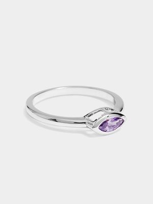 Silver Plated Horizontal Marquise Amethyst CZ in tube ring