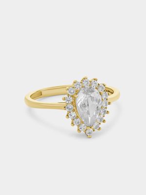 Yellow Gold Cubic Zirconia Pear Halo Ring