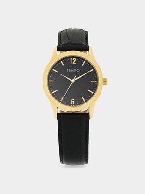 Tempo Men's Gold Toned Black Leather Watch