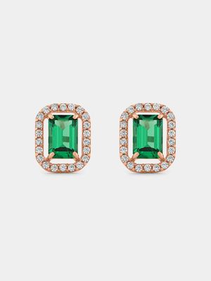 Rose Gold, Green Cubic Zirconia  Square Halo Stud Earrings