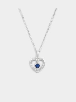 Sterling Silver Sapphire Blue Cubic Zirconia September Birthstone Kid’s Heart Pendant