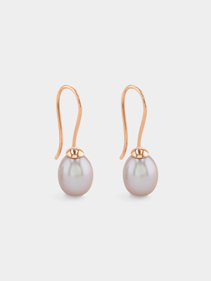 Rose Gold Women's 7mm Oval Pink Fresh Water Pearl Drop Earrings