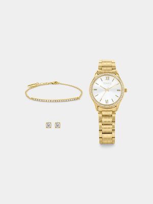Tempo Gold Plated Bracelet Watch, Earrings & Bracelet Set