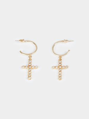 Women's Gold Mini Cross Hoop Earrings