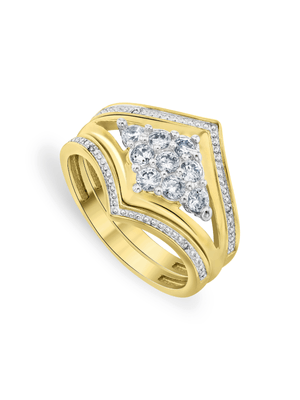 Yellow Gold Diamond & Created White Sapphire Cluster Triple Set Ring