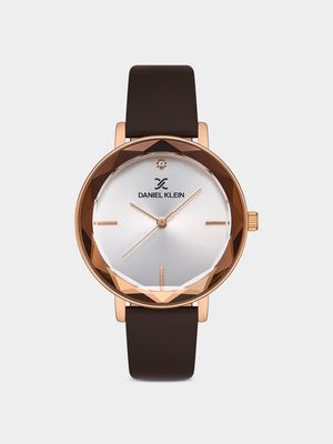 Daniel Klein Rose Plated Silver Dial Brown Leather Watch