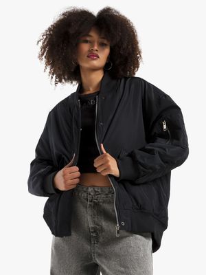 Women's Black Oversized Bomber Jacket