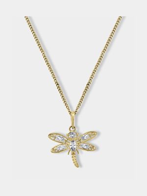 Yellow Gold, Cubic Zirconia Dragonfly pendant on a chain